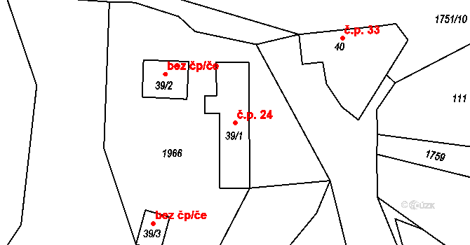 Hulice 24 na parcele st. 39/1 v KÚ Hulice, Katastrální mapa