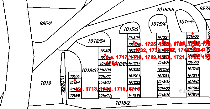 Lesná 1717,1718,1719,1720,, Brno na parcele st. 1018/7 v KÚ Lesná, Katastrální mapa