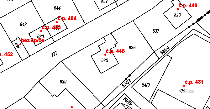 Heřmanice 448, Ostrava na parcele st. 825 v KÚ Heřmanice, Katastrální mapa