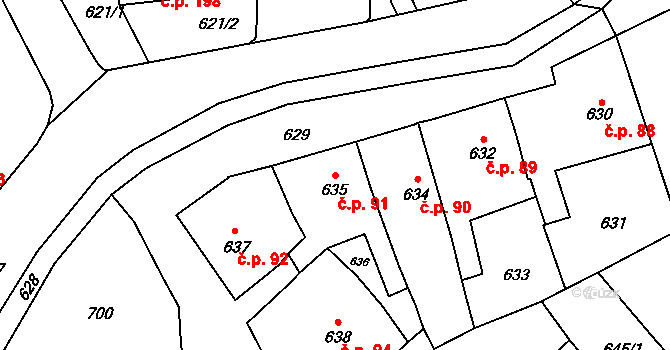 Fryšták 91 na parcele st. 635 v KÚ Fryšták, Katastrální mapa