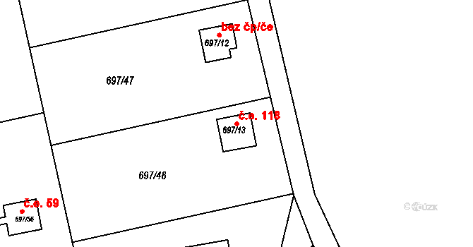 Větrný Jeníkov 118 na parcele st. 697/13 v KÚ Větrný Jeníkov, Katastrální mapa