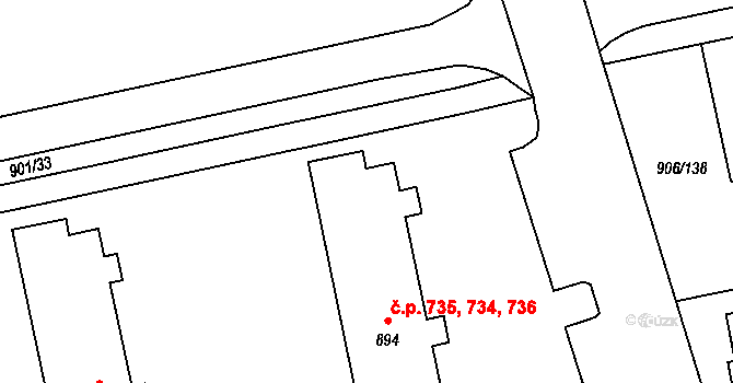 Malenovice 734,735,736, Zlín na parcele st. 894 v KÚ Malenovice u Zlína, Katastrální mapa