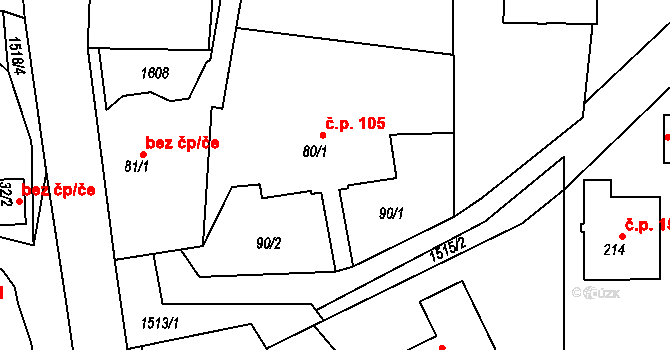 Hlubočec 105 na parcele st. 80/1 v KÚ Hlubočec, Katastrální mapa