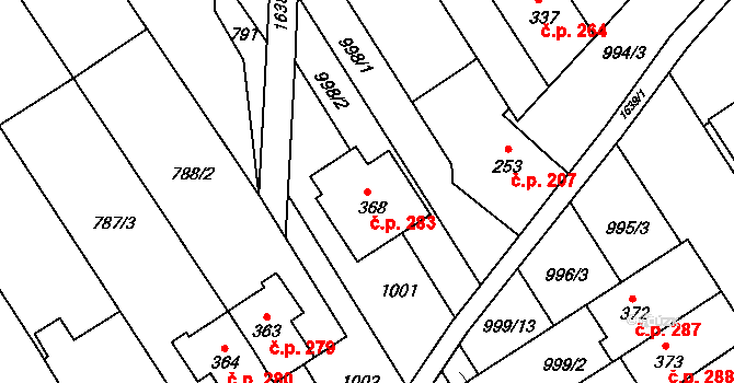 Hostěrádky-Rešov 283 na parcele st. 368 v KÚ Hostěrádky, Katastrální mapa
