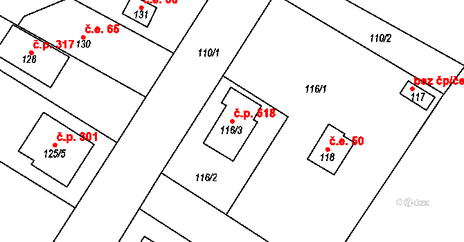 Senec 518, Zruč-Senec na parcele st. 116/3 v KÚ Senec u Plzně, Katastrální mapa
