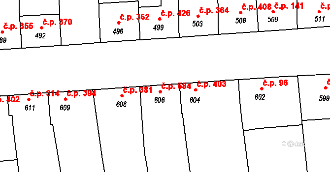 Hlohovec 584 na parcele st. 606 v KÚ Hlohovec, Katastrální mapa