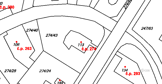 Tuchoměřice 274 na parcele st. 113 v KÚ Kněžívka, Katastrální mapa
