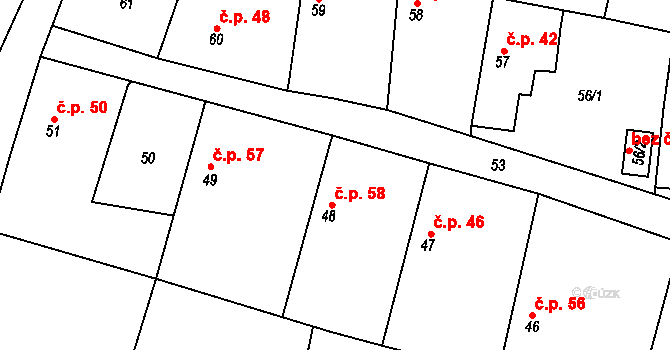Zruč 58, Zruč-Senec na parcele st. 48 v KÚ Zruč, Katastrální mapa