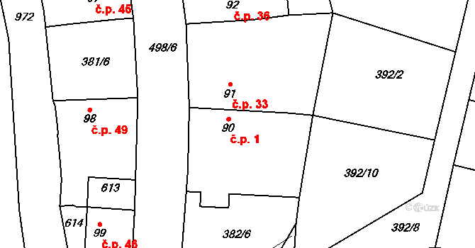 Lomec 1, Úmonín na parcele st. 90 v KÚ Lomec u Úmonína, Katastrální mapa
