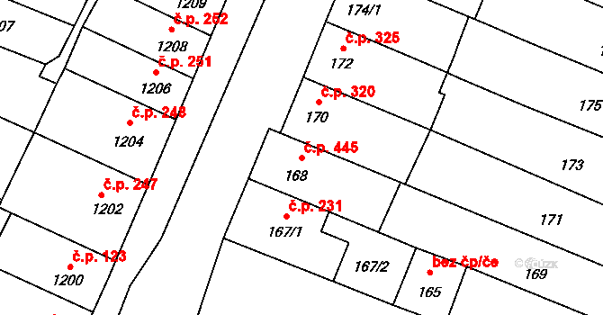 Sokolnice 445 na parcele st. 168 v KÚ Sokolnice, Katastrální mapa