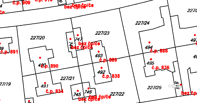 Švermov 889, Kladno na parcele st. 493 v KÚ Hnidousy, Katastrální mapa