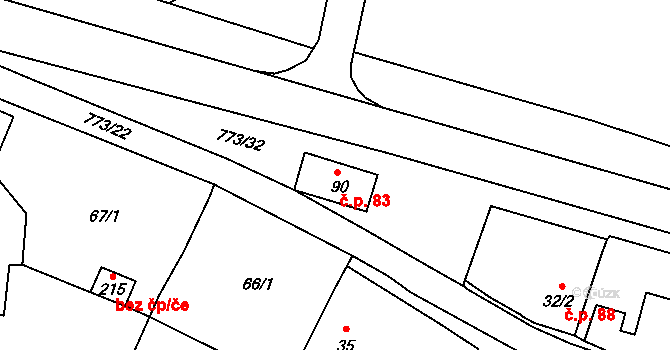 Sendražice 83 na parcele st. 90 v KÚ Sendražice u Smiřic, Katastrální mapa