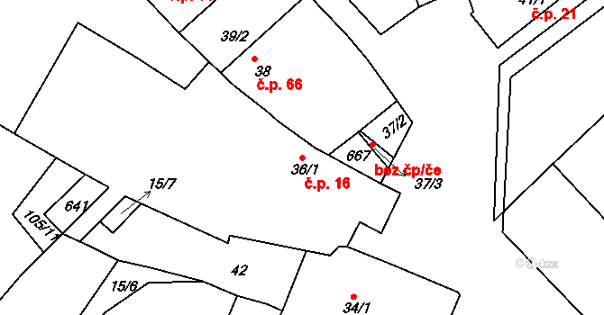 Hrdly 16, Bohušovice nad Ohří na parcele st. 36/1 v KÚ Hrdly, Katastrální mapa