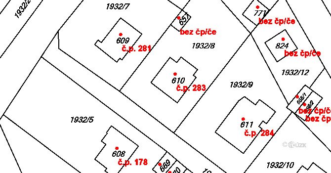 Výprachtice 283 na parcele st. 610 v KÚ Výprachtice, Katastrální mapa