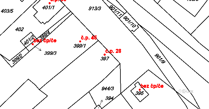 Milovice 28 na parcele st. 397 v KÚ Milovice nad Labem, Katastrální mapa