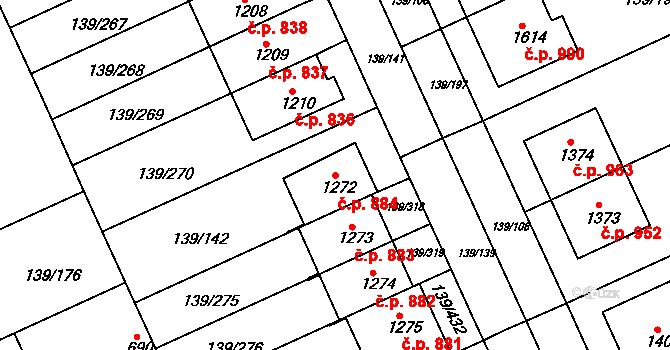 Podklášteří 884, Třebíč na parcele st. 1272 v KÚ Podklášteří, Katastrální mapa