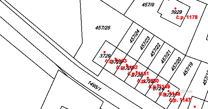 Horka-Domky 1153, Třebíč na parcele st. 3729 v KÚ Třebíč, Katastrální mapa