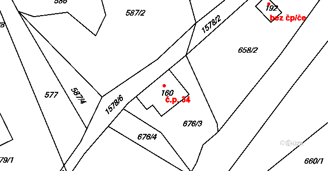 Střevelná 34, Železný Brod na parcele st. 160 v KÚ Střevelná, Katastrální mapa