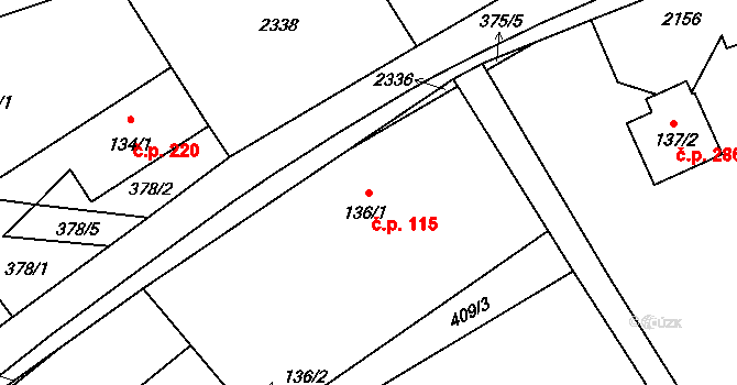 Kvasiny 115 na parcele st. 136/1 v KÚ Kvasiny, Katastrální mapa