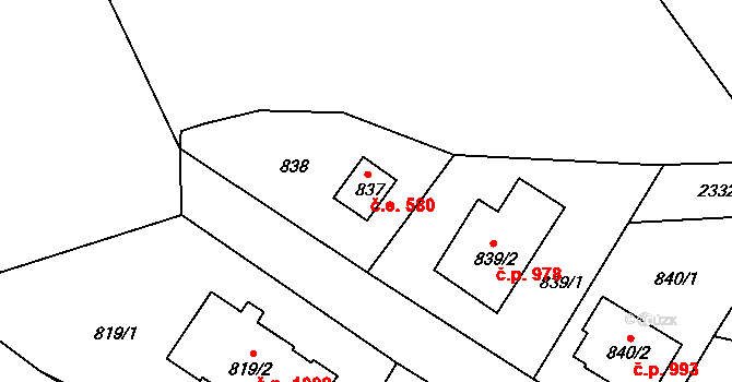 Suchdol 580, Praha na parcele st. 837 v KÚ Suchdol, Katastrální mapa