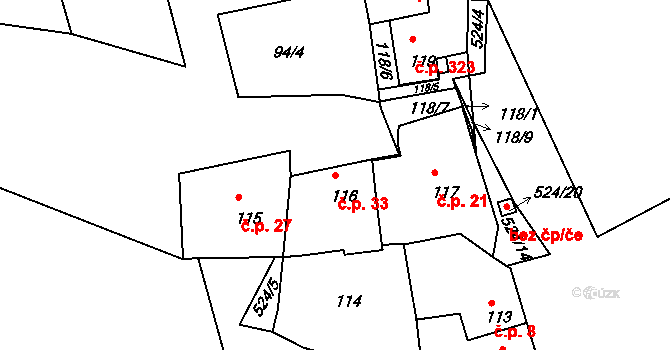 Hrdlořezy 33, Praha na parcele st. 116 v KÚ Hrdlořezy, Katastrální mapa