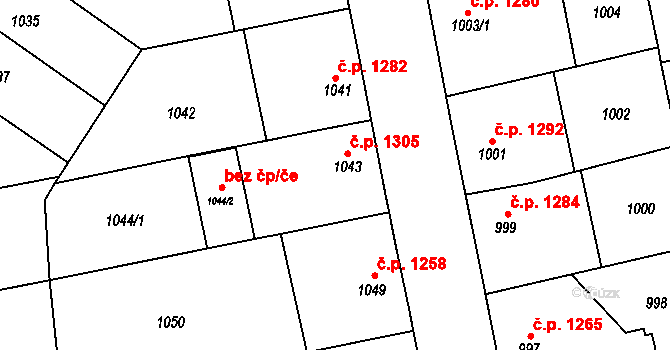 Šlapanice 1305 na parcele st. 1043 v KÚ Šlapanice u Brna, Katastrální mapa