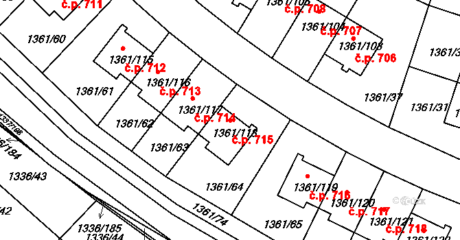 Vinoř 715, Praha na parcele st. 1361/118 v KÚ Vinoř, Katastrální mapa