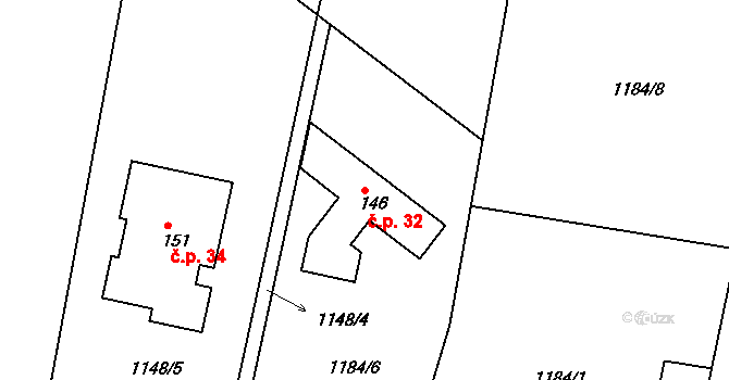 Třešně 32, Záhoří na parcele st. 146 v KÚ Třešně u Záhoří, Katastrální mapa