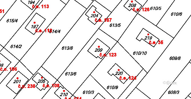 Pístovice 123, Račice-Pístovice na parcele st. 209 v KÚ Pístovice, Katastrální mapa