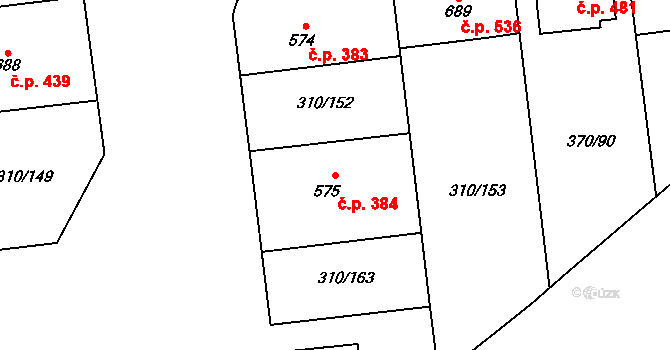 Prštné 384, Zlín na parcele st. 575 v KÚ Prštné, Katastrální mapa