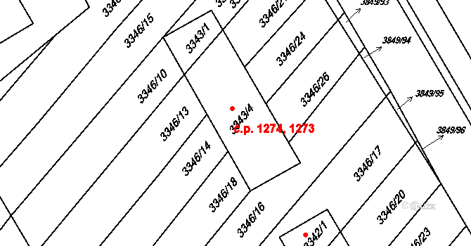 Kunovice 1273,1274 na parcele st. 3343/4 v KÚ Kunovice u Uherského Hradiště, Katastrální mapa