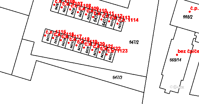 Velké Meziříčí 1122 na parcele st. 647/20 v KÚ Velké Meziříčí, Katastrální mapa