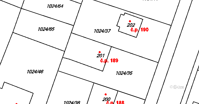 Čimelice 189 na parcele st. 201 v KÚ Čimelice, Katastrální mapa