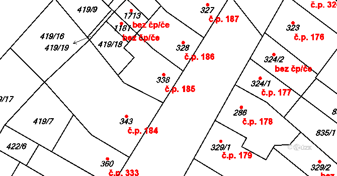 Kostelec nad Labem 185 na parcele st. 338 v KÚ Kostelec nad Labem, Katastrální mapa