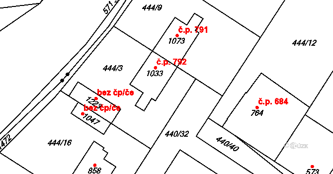 Kostelec nad Labem 792 na parcele st. 1033 v KÚ Kostelec nad Labem, Katastrální mapa