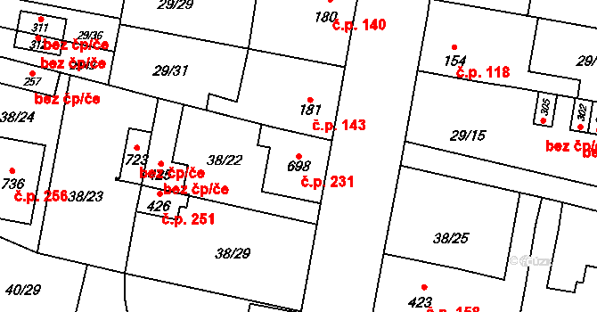 Nové Jesenčany 231, Pardubice na parcele st. 698 v KÚ Nové Jesenčany, Katastrální mapa