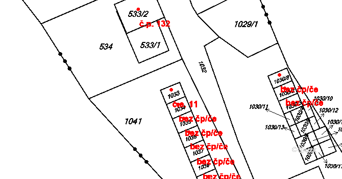 Lovčičky 11 na parcele st. 1033 v KÚ Lovčičky, Katastrální mapa