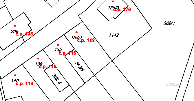 Měcholupy 119 na parcele st. 138/1 v KÚ Měcholupy u Žatce, Katastrální mapa