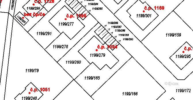 Vejprnice 1094 na parcele st. 1199/279 v KÚ Vejprnice, Katastrální mapa