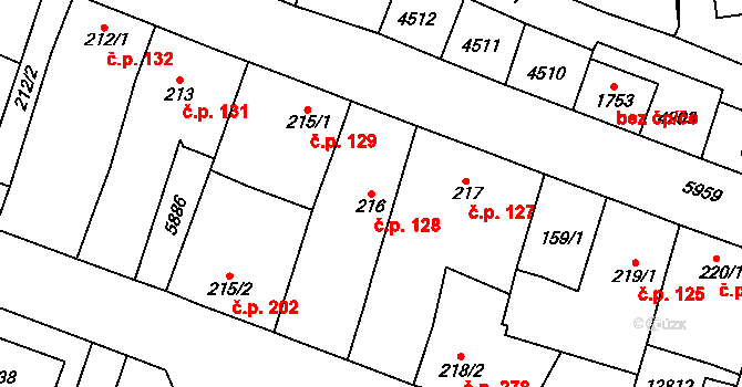 Hrušovany nad Jevišovkou 128 na parcele st. 216 v KÚ Hrušovany nad Jevišovkou, Katastrální mapa