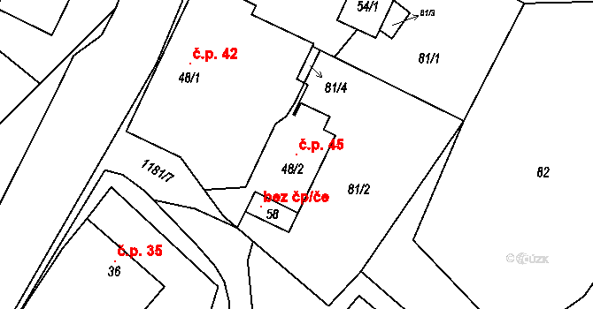 Bradáčov 45 na parcele st. 48/2 v KÚ Bradáčov, Katastrální mapa