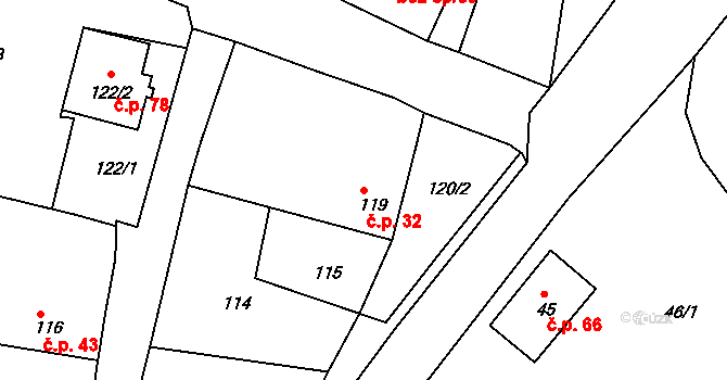 Podmyče 32 na parcele st. 119 v KÚ Podmyče, Katastrální mapa