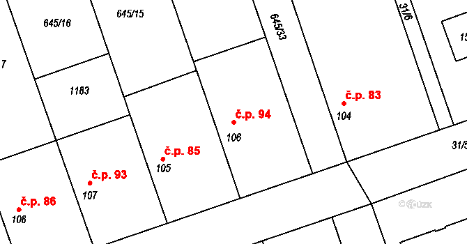 Hořešovice 94 na parcele st. 106 v KÚ Hořešovice, Katastrální mapa