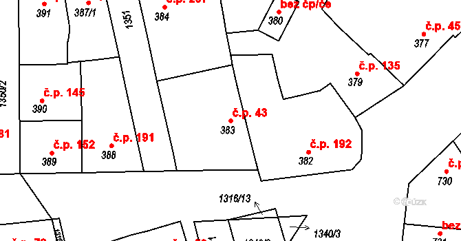 Tuchlovice 43 na parcele st. 383 v KÚ Tuchlovice, Katastrální mapa