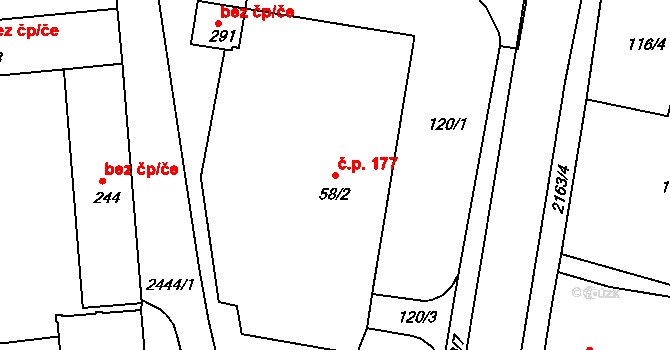 Litenčice 177 na parcele st. 58/2 v KÚ Litenčice, Katastrální mapa