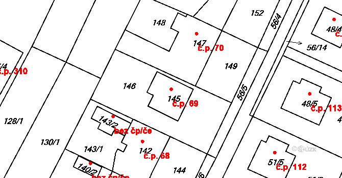Boršov nad Vltavou 69 na parcele st. 145 v KÚ Boršov nad Vltavou, Katastrální mapa