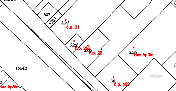 Brozany nad Ohří 22 na parcele st. 33/2 v KÚ Brozany nad Ohří, Katastrální mapa