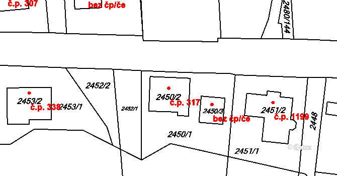 Valašské Meziříčí 317 na parcele st. 2450/2 v KÚ Valašské Meziříčí-město, Katastrální mapa