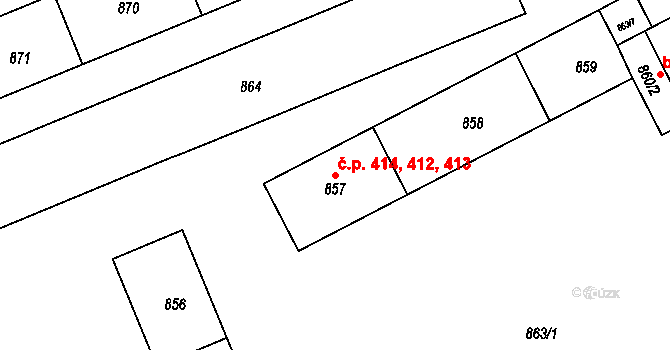 Miřetice u Klášterce nad Ohří 412,413,414, Klášterec nad Ohří na parcele st. 857 v KÚ Miřetice u Klášterce nad Ohří, Katastrální mapa