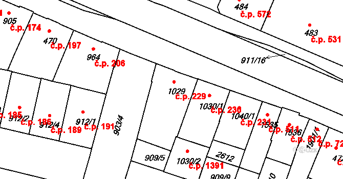 Horka-Domky 229, Třebíč na parcele st. 1029 v KÚ Třebíč, Katastrální mapa